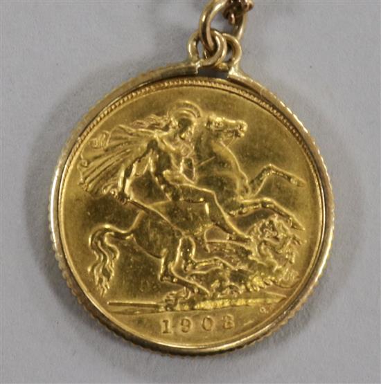A 1908 gold half sovereign, in unmarked pendant mount on 9ct gold chain, gross 8gr and a 9ct gold fine chain